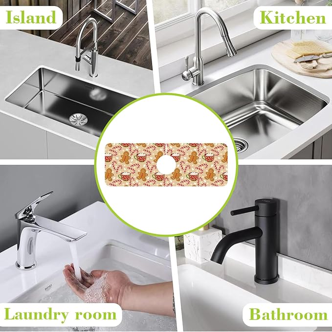 Chrismas Sink Splash Guard Faucet Mat Christmas Absorbent Fast Drying Mat Sink Gadgets Splash Guard Behind Faucet Drip Catcher for Kitchen Bathroom 15.5"X5.5"