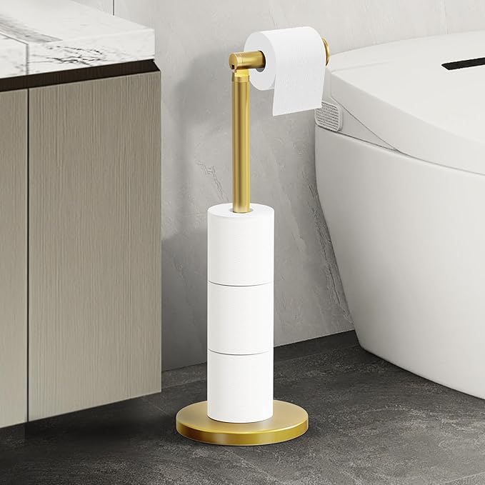 Cesun Toilet Paper Holder Stand Free Standing, Gold Toilet Paper Storage with Heavy Weighted Base, Bathroom Stainless Steel Toilet Paper Roll Holder, Non-Slip, Gold