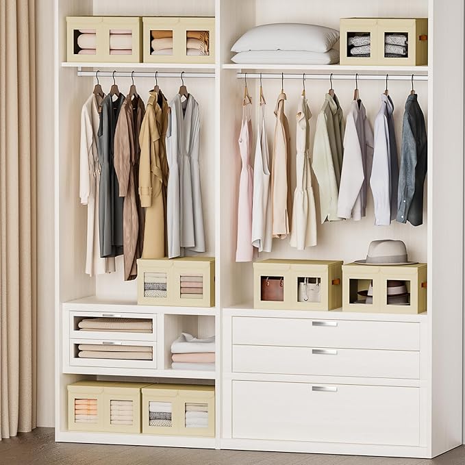 Large Closet Storage Bins - Collapsible Divided Clothes Organizer with Lids & Dual Window, Fabric Organizing Bins for Clothes, Sweater, Bedroom, Office (Beige, 2 Pack)