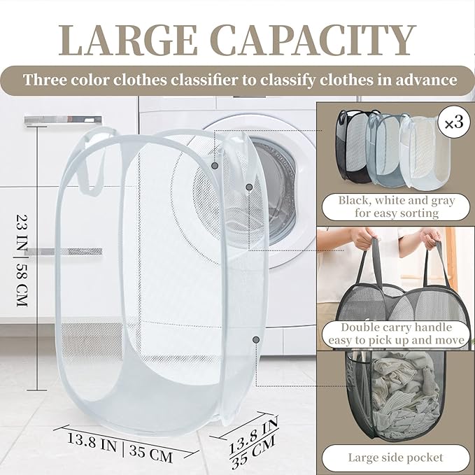 Reinforced Collapsible Laundry Baskets, 3Pcs High-Strength Mesh Pop Up Laundry Hamper, Foldable Clothes Hamper with Handles and Side Pocket for Laundry Room Dorm, Vertical