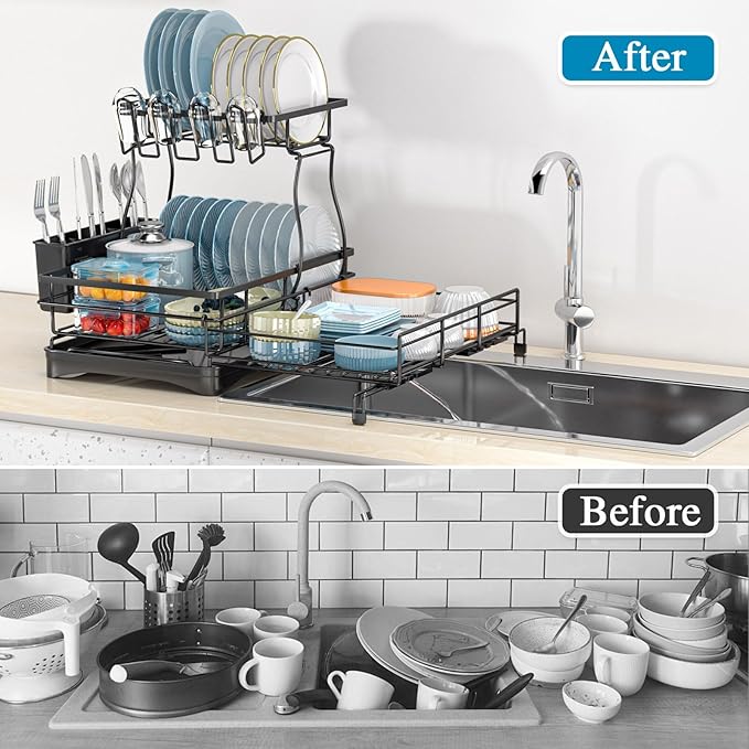 2 Tier Dish Drying Rack, Large Extendable Dish Racks for Kitchen Counter or Over Sink, Dishrack with Drainboard, 2-in-1 Anti-Rust Stainless Steel Dish Drainer with Utensil Holder & Cup Holder (Black)