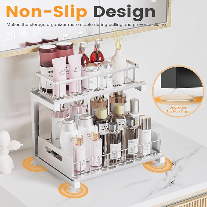 Under Sink Organizer, Heavy Duty Metal Pull Out Cabinet Organizer Slide Out Sink Shelf Organizer Height Adjustable, Multi-Purpose Storage Shelf for Kitchen Bathroom(Sliver,1Pack)