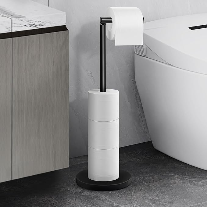 Cesun Toilet Paper Holder Stand Free Standing, Black Toilet Paper Storage with Heavy Weighted Base, Bathroom Stainless Steel Toilet Paper Roll Holder, Non-Slip, Matte Black