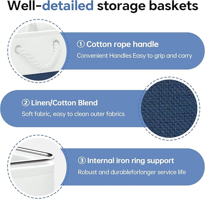 13x13 Inch Cube Storage Bins with Reinforced Bottom Cardboard, 6 Pack Large Foldable Fabric Storage Cubes with Handles for Shelf, Closet, Laundry Organization (White&Navy Blue)