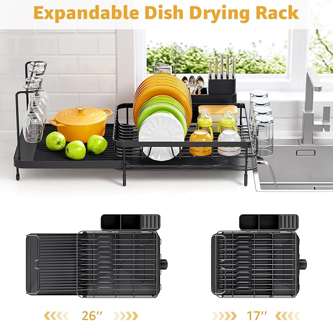Large Dish Drying Rack – Expandable Dish Rack for Kitchen Counter, Multifunctional Dish Drainer with Cup & Wine Glass Holder, 16.2"-26" L x 17" W, Black
