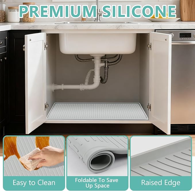 Lanstics 36" x 24" Under Sink Mat for Kitchen Under Sink Organizer Waterproof Raised Edge Silicone Mat Sink Protector Silicone Organizers Tray for Kitchen Bathroom