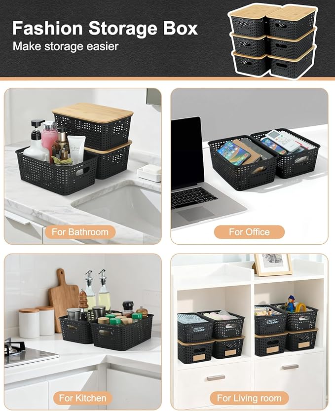 Storage Bins with Bamboo Lids, 6 Pack Plastic Storage Baskets and Storage Containers, Storage Baskets for Organizing Shelves Drawers Desktop Closet Playroom Classroom Office Home, Black