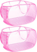 Durable Collapsible Laundry Baskets, Mesh Pop Up Laundry Hamper with Side Pocket, Foldable Clothes Hamper with Reinforced Carry Handles for Laundry, Bathroom, Kids Room, Dorm or Travel 2 Pack Pink