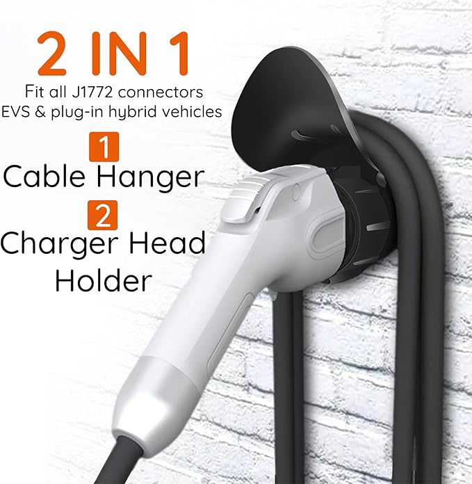 EV Charger Holder SAE J1772 Wall Mount Charging Cable Hanger Organizer, Nozzle Holster Dock Electric Vehicle EVSE PHEV Car Plug Space Saving Garage Wall Connector Cord Hook for Outdoor Indoor
