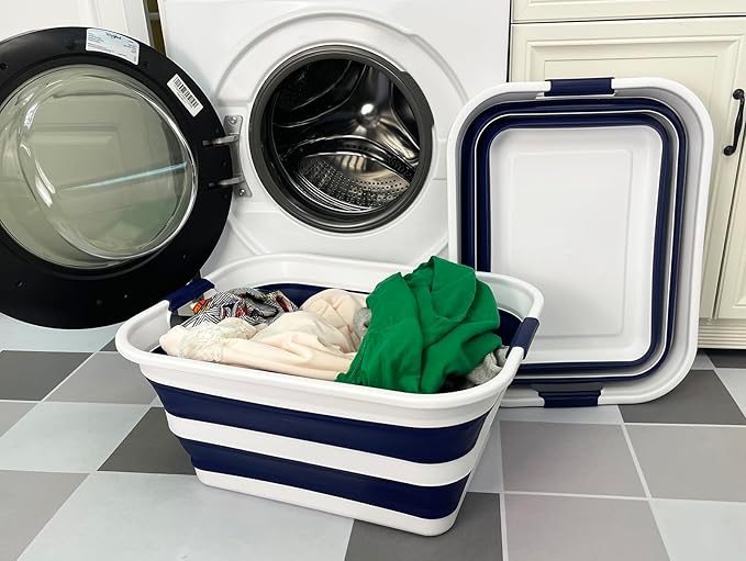 SAMMART Collapsible Plastic Laundry Basket with Handle/Foldable Pop Up Storage Hamper/Portable Laundry Organizer-Space Saving Washing Tub/Household Storage (White/Starry Blue, 42L (Set of 2))
