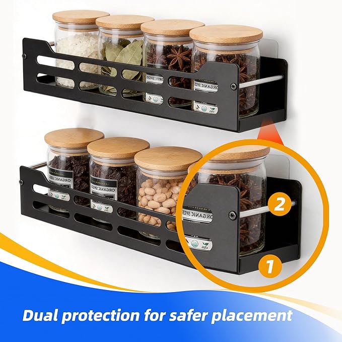 GELYA 4 Pack Wall Mounted Spice Rack, Space-Saving Metal Spice Organizer, Screw/Adhesive Hanging Seasoning Rack for Kitchen Wall, Cabinet & Pantry Door, One-Piece Formed