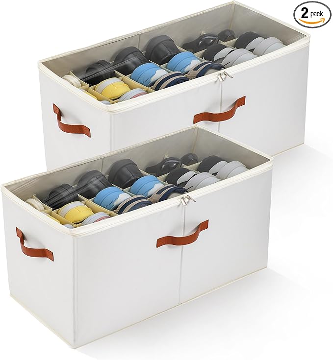 2-Pack Extra Large Shoe Organizer for Closet, Foldable Shoe Storage Container with Adjustable Dividers & Clear Lid, Holds Up to 18 Pairs, Space-Saving Shoe Boxes, White