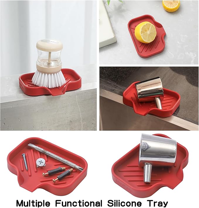 MicoYang Silicone Bathroom Soap Dishes with Drain Spout-Bathroom and Kitchen Sink Organizer,Sponge Holder,Dish Soap Tray,Perfect for Dispenser,Scrubber,Bottle,Cup on Sink or Counter-Red 4.9"×3.2"