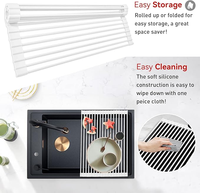 MERRYBOX Roll Up Dish Drying Rack, Silicone Wrapped Over The Sink Dish Rack Foldable Dish Drainer Anti-Slip Dish Racks for Kitchen Sink, Multipurpose Kitchen Sink Drying Rack, 17.5" x 13", White