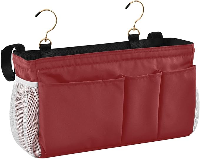 KOPIRIT Navy Red Bedside Caddy Storage Bag Bedside Organizer for College Dorm Top Bunk Bed Hanging Storage Organizer 6 Pockets with Hooks for Drinks Magazine Phone Holder