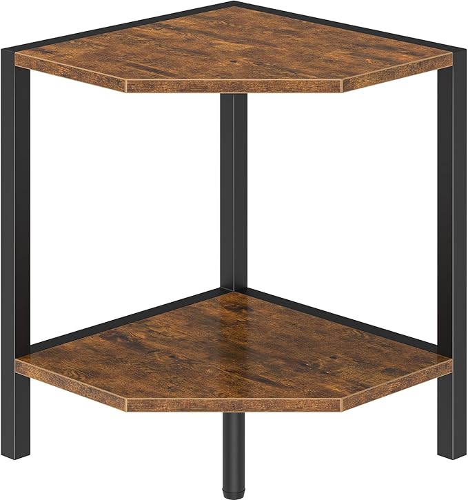 Corner Shelf Stand, 2 Tier Industrial Corner Bookshelf, Multipurpose Standing Corner Display Shelf Countertop Organizer for Living Room Kitchen Bedroom Office, Rustic Brown