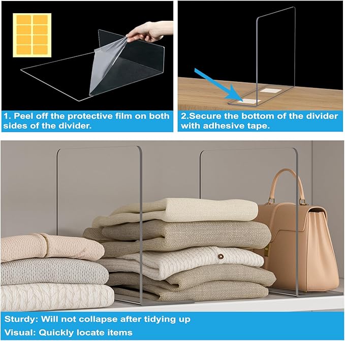 OKPOW Shelf Dividers Closet Organizer - 12" Tall X 11.8" Deep Acrylic Clear Sturdy Separate for Clothes Purse - Adjustable Space Saver Easy Install for Home Organization Enthusiasts 8 Pack