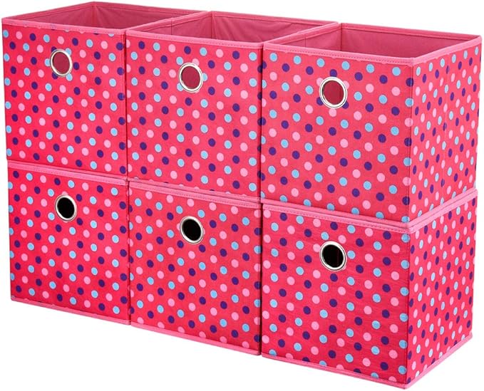 Collapsible Cloth Cube Storage Bins Polka Dot Fabric Girls Storage Pink Cube Bins Kids Storage Cubes Boxes Clothes Organizer Bin 10x10x10 Inches Foldable Storage Baskets ,QY-SC15-6