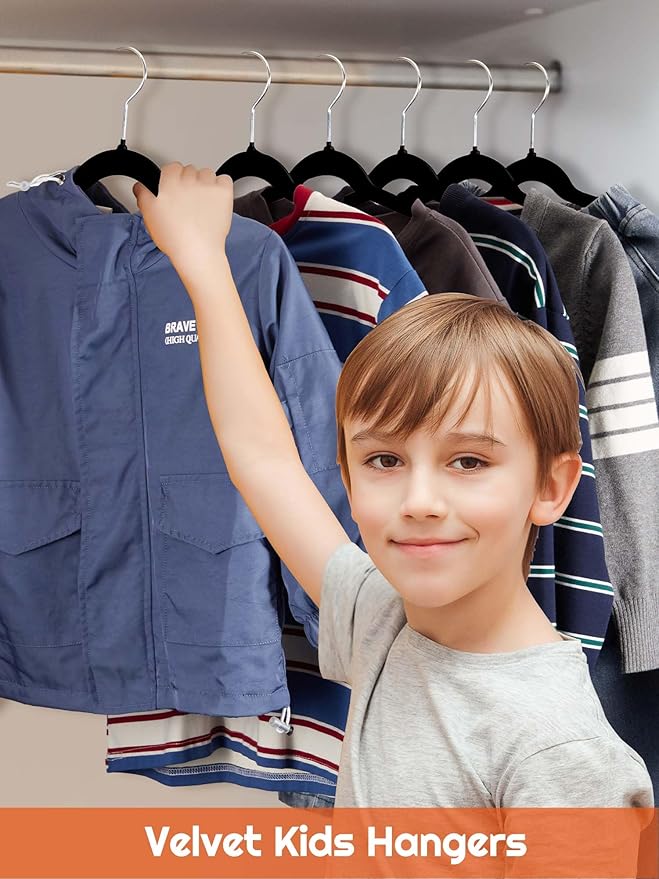 HOUSE DAY 14 Inch Kids Velvet Hangers 100 Pack, Durable Big Kid Hangers for Youth, Teen, Non Slip Kids Felt Hanger, Cute Childrens Hanger for Closet, Black