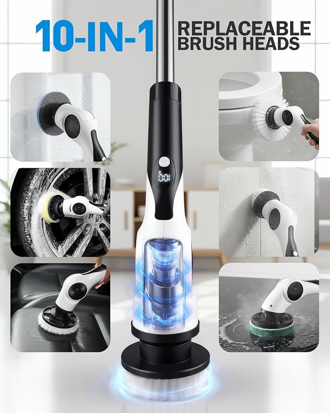 Electric Spin Scrubber, 3-Speed Cordless Shower Scrubber with Long Handle & 10 Replaceable Brush Heads, 90 Mins Runtime & Full-Body IPX7 Waterproof Shower Cleaner Brush for Bathroom Kithchen