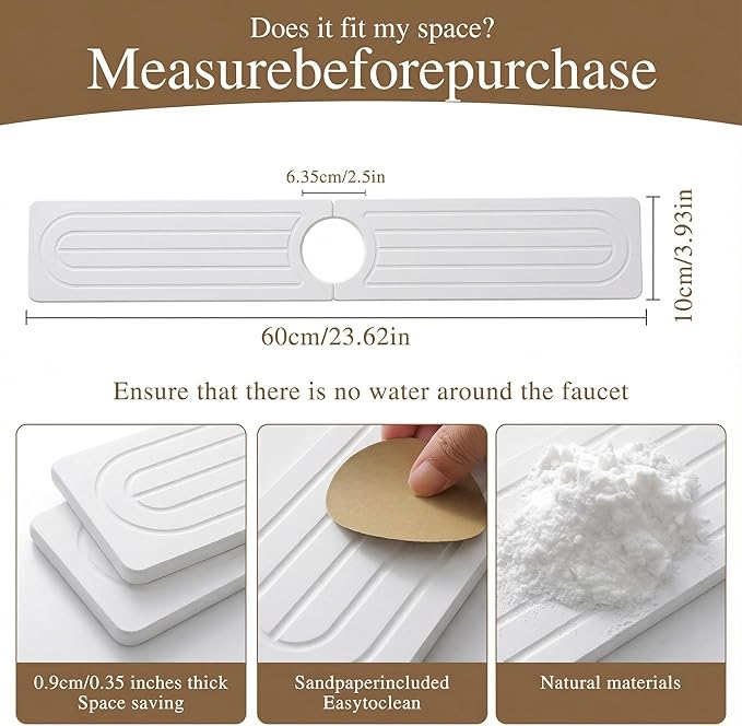 Faucet Mat for Kitchen Sink,Diatomite Fast Drying Stone Sink Tray,Faucet Splash Guard for Bathroom Counter [23.6"x4"],Super Absorbent, Prevents Moisture Buildup