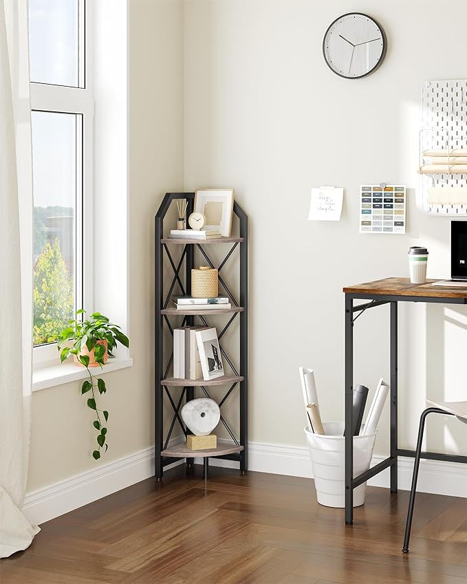 4-Tier Corner Shelf, Industrial Corner Bookshelf, 47.6" Corner Storage Stand, Plant Stand Display Shelf, Corner Bookcase for Bedroom, Living Room, Home Office, Greige and Black TCJ09BG