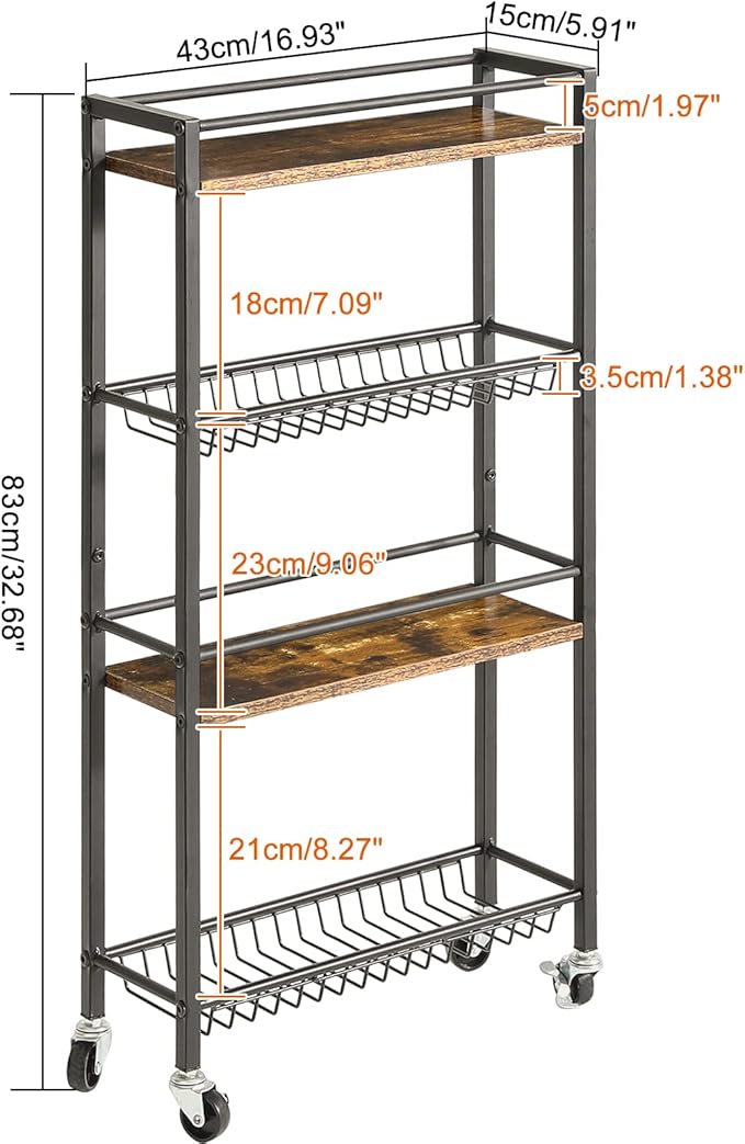 YMYNY Slim Kitchen Storage Rolling Cart, 4-Tier Utility Cart on Wheels, for Narrow Spaces, Laundry Room, Dining Room, Bathroom, 32.7" H Shelving Unit with Mesh Baskets, Rustic Brown UHBR002H