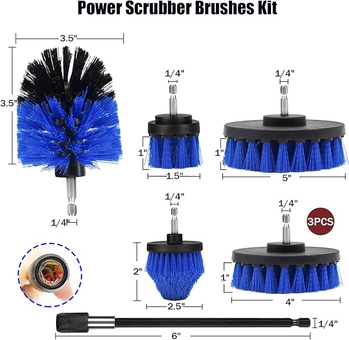Drill Brush Attachment Set, 7 Pack 1/4in Power Scrubber Brush + Extend Long Rod, Brush Drill Attachment, Power Cleaning Scrub Brush for Bathroom, Tub, Tile, Corner（Blue）