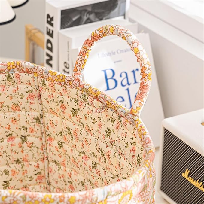 Boho Fabric Storage Basket, Large Capacity Laundry Basket, 12.2'' x 10.23'' x 10.23'' Collapsible Laundry Hamper with Easy Carry Handles (Orange, L)