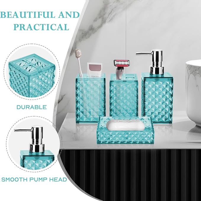 Bathroom Accessory Set, Grid Pattern 4 Pcs Plastic Bathroom Set Include Soap Dispenser, Soap Dish, Toothbrush Holder, Mousewash Cup, Modern Bahtroom Décor Set(Light Blue)