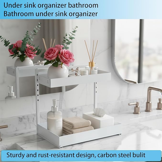 Under Sink Organizer, Bathroom Counter Organizer, 2 Pack 2 Tier L-Shape White, Adjustable Height Carbon Steel, Under Cabinet Storage with Pull Out Drawer, Use for Kitchen Bathroom Office Shop Laundry