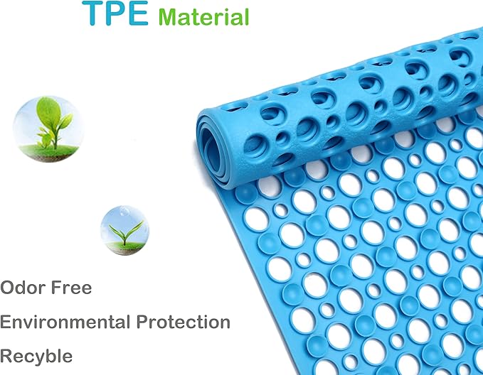 Mantto Nonslip Bath Tub Shower Mat with Suction Cups, Extra Soft TPE Bath Mat for Kids, Bathtub Bathroom Mats, Machine Washable, Smooth/Non-Textured Tubs Only, 35L x 16W Inch(Lake Blue)