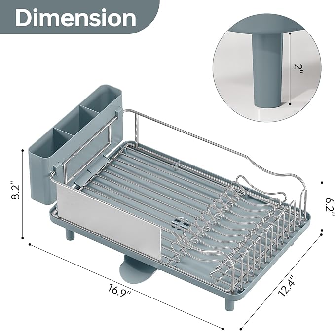 Stainless Steel Dish Drying Rack - Large Capcity 304 Grade Dish Drainer for Kitchen Counter with Drain Board, Utensil Holder & Detachable Cup Shelf, Rustproof Multifunctional Organizer, Green