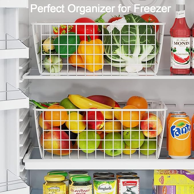 3 Pack Freezer White Wire Baskets for Organizing Office Wire Storage Basket with Built-in Handles, 14" Large White Metal Baskets for Pantry Freezer Kitchen Cabinets