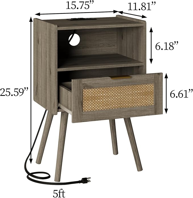 Veegle Rattan Nightstand with Outlet,Modern Bedside Table with Storage Drawer and Open Wood Shelf, for Living Room, Bedroom and Small Spaces, Accent Night Stand with Solid Wood Legs,Grey Oak