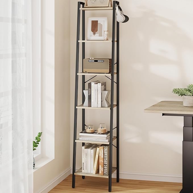 Ladder Shelf, Bookshelf Bookcase, Freestanding Corner Storage Shelve with 2 Hooks for Home Office, Living Room, Kitchen, Bedroom, Industrial, 11.8" D x 13.4" W x 72.8" H, Greige BC13305B