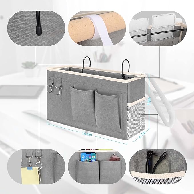 Kanrichu 1pcs Bedside Caddy Hanging Storage Bag, Organizer Baskets with Pockets for Bunk Bed Accessories, Loft & Dorm Rooms Chair Bed Rails (Grey-1pcs)