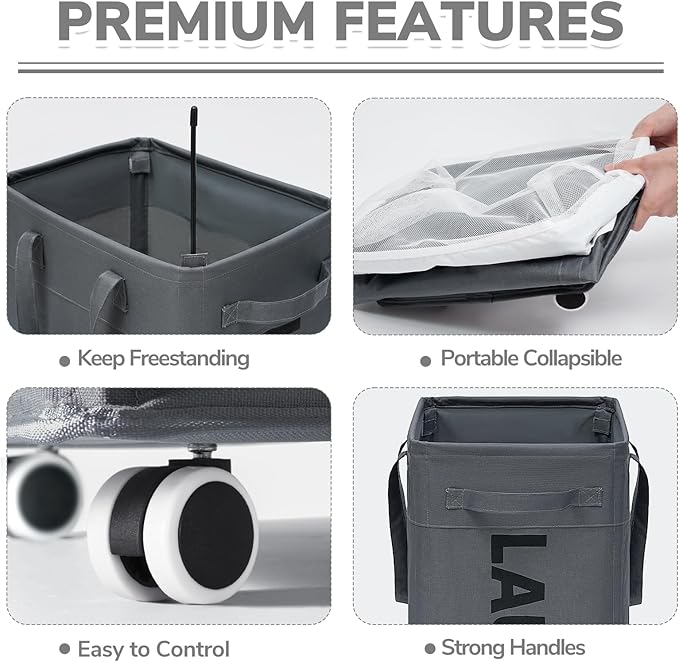 CHICVITA Rolling Laundry Basket with Wheels,75L Large Collapsible Laundry Hamper with Removable Wash Bag Space for Corner Dorms, Grey