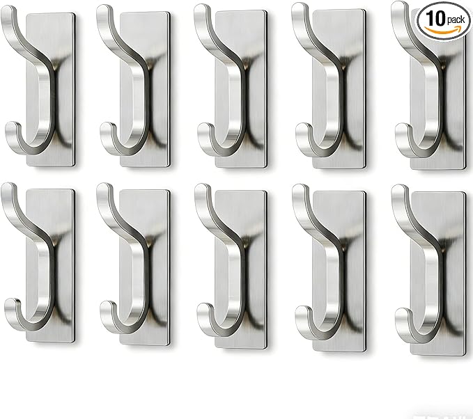 pickpiff Adhesive Wall Coat Hooks - Heavy Duty Stick-On Door Hanger, Metal Hook for Hanging Towel,Purse, Robe, Backpack, Jacket, Clothes - for Bathroom,Dorm, Closet, Kitchen - Brushed Silver, 10 Pack