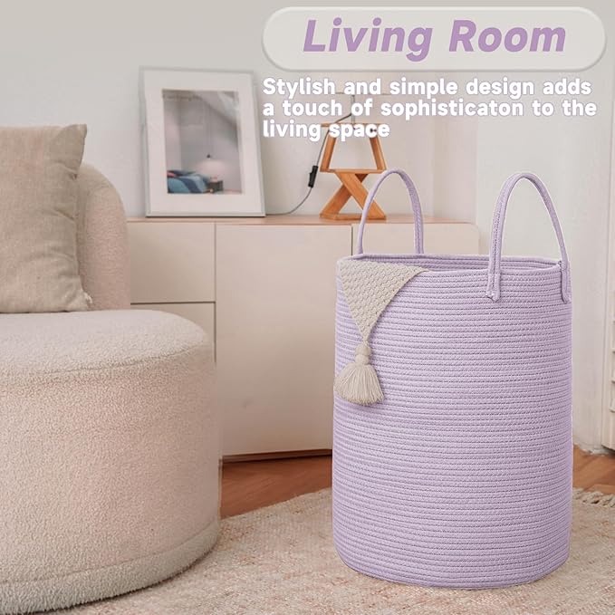 Large Woven Laundry Basket Hamper,100L Cotton Rope Storage Bin for Blankets,Toys and Clothes,Decorative Tall Nursery Hamper for Living Room,Baby Nursery,Bathroom and Bedroom,Purple