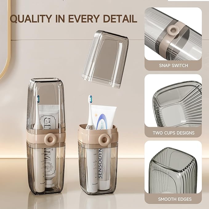 Topavatop Toothbrush Travel Case, 2 in 1 Toothbrush Holder and Rinse Cup, Large Capacity Toothbrush Cup with Cover, Portable Travel Toothbrush Holder for Traveling, Camping, Trip - 1Pcs - Beige&Clear