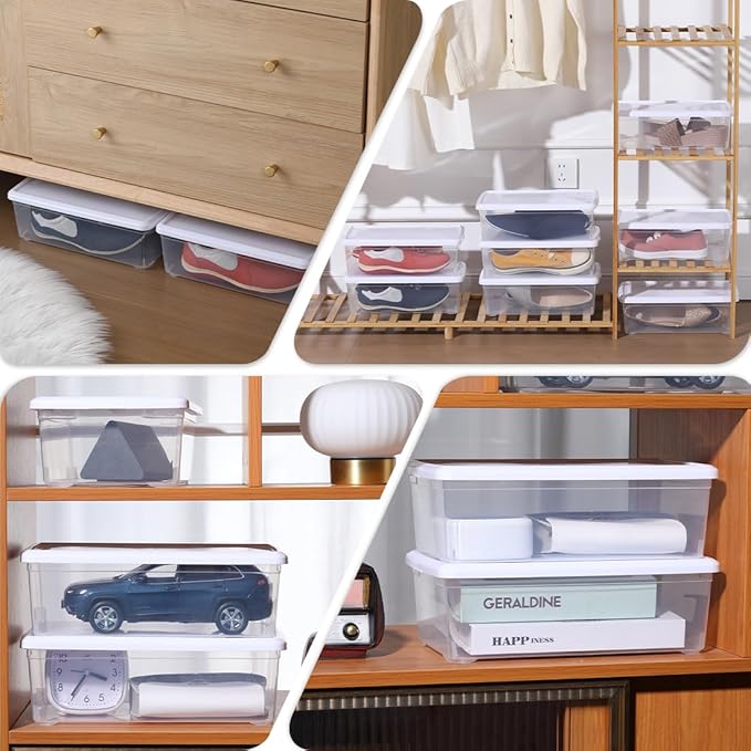 8 PCS Plastic Shoe Boxes Clear Stackable Storage Bins with Lids See-Through Rectangular Storage Boxes Durable Lidded Shoe Boxes for Home and Art Supplies (White)