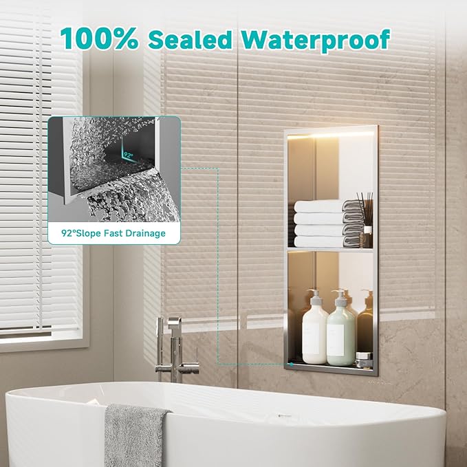 TSIBOMU Stainless Steel LED Lights Shower Niche 12"x24" - No Tile Needed Double Shelves Recessed Wall Niche for Bathroom Storage, Brushed