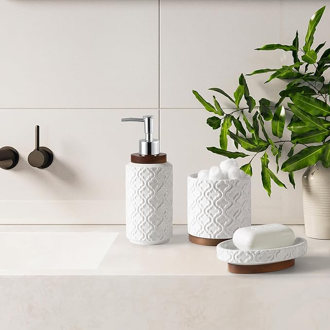Bathroom Accessories Set 5 Pieces Toothbrush Holder Soap Dispenser Ceramic Bathroom Accessory Set Contain Cotton Swab Jar Toothbrush Cup Soap Dish Tumbler