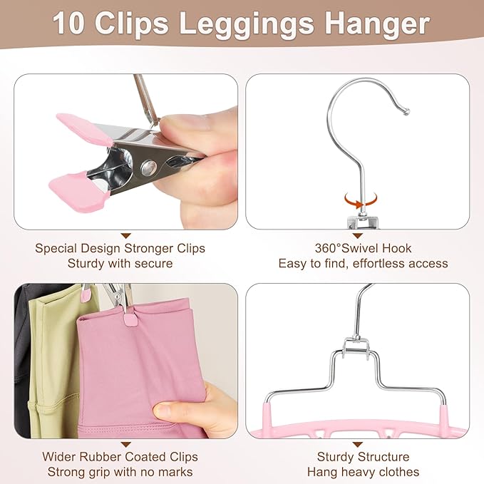 TOPIA HANGER 4 Pack Gym Clothes Organizer, 2 Pack Tank Top Hangers with 2 Pack Leggings Hangers Space Saving Hang 20 Sets Tank Top Bra with Leggings Shorts Pants for Closet Women Pink CT78P