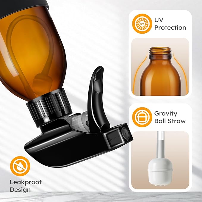Tecohouse 2 Pack 360° Amber Glass Spray Bottles with Silicone Sleeve, 4 oz Empty Refillable Containers with Adjustable Spray Nozzles, Spray Bottles for Cleaning Solutions, Hair, Plants (Black & Brown)