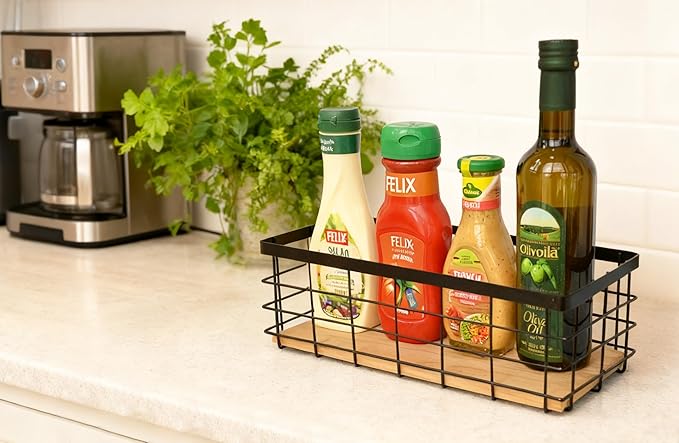 Metal Wire Basket Detachable Wood Base Storage Organizer Farmhouse Hanging Basket for Kitchen Cabinets, Bathroom, Pantry, Laundry Room,1 Pack in Black Color,Medium Size