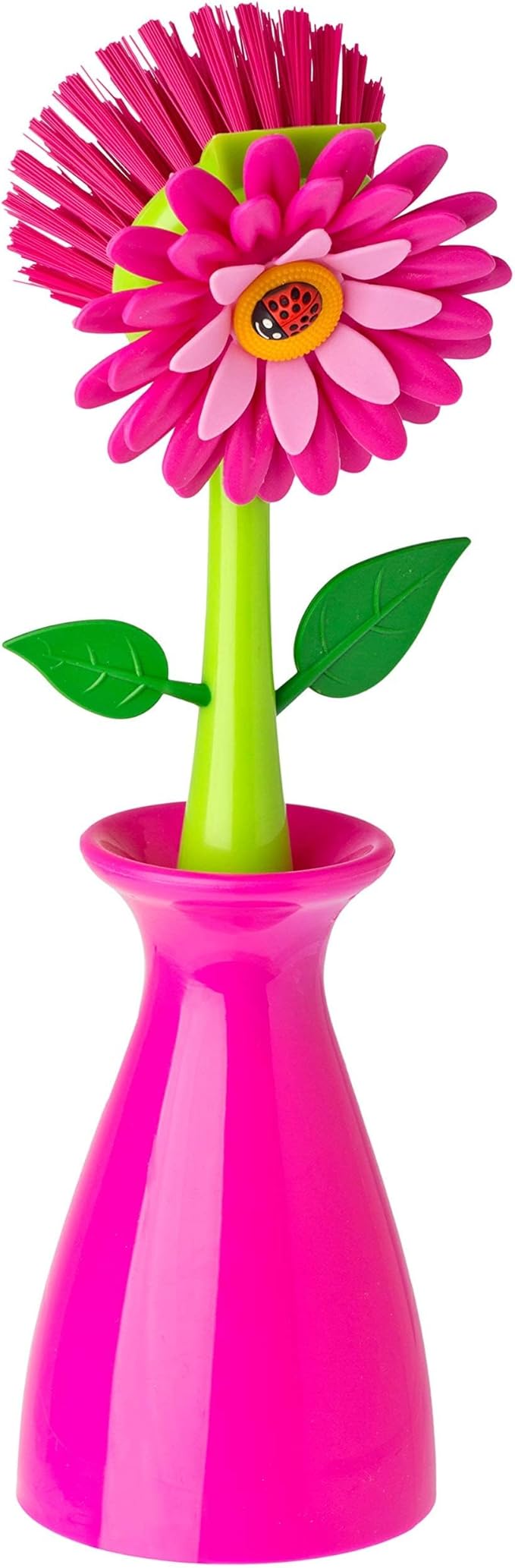 Vigar Flower Power Dish Brush with Handle and Vase Dish Brush Holder, Kitchen Scrub Brush for Pot Scrubber, Dishes, and Sink Cleaning, Pink, Green