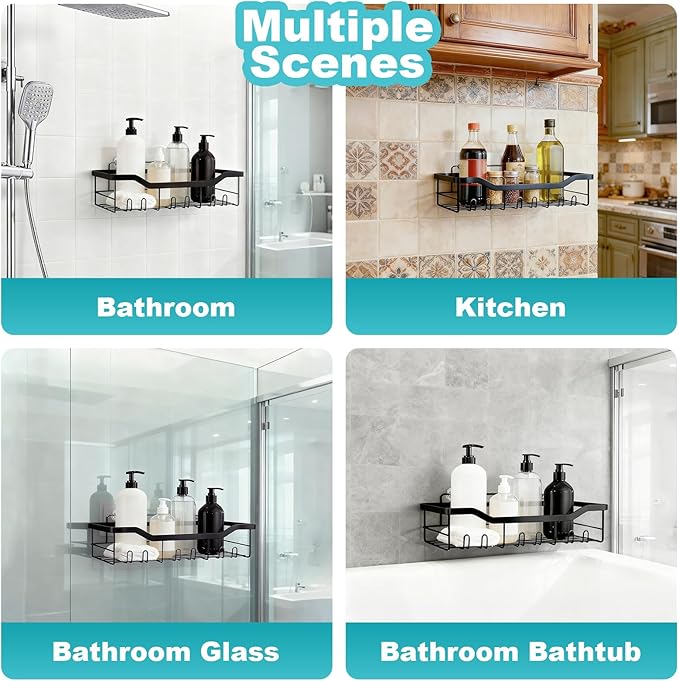 Shower Caddy with Hooks,Shower Shelf - 201 Stainless Steel Shower Rack,Anticorrosive,Rust-proof and Waterproof Bathroom Shelvs Storage and Organization - Black Shower Shelves