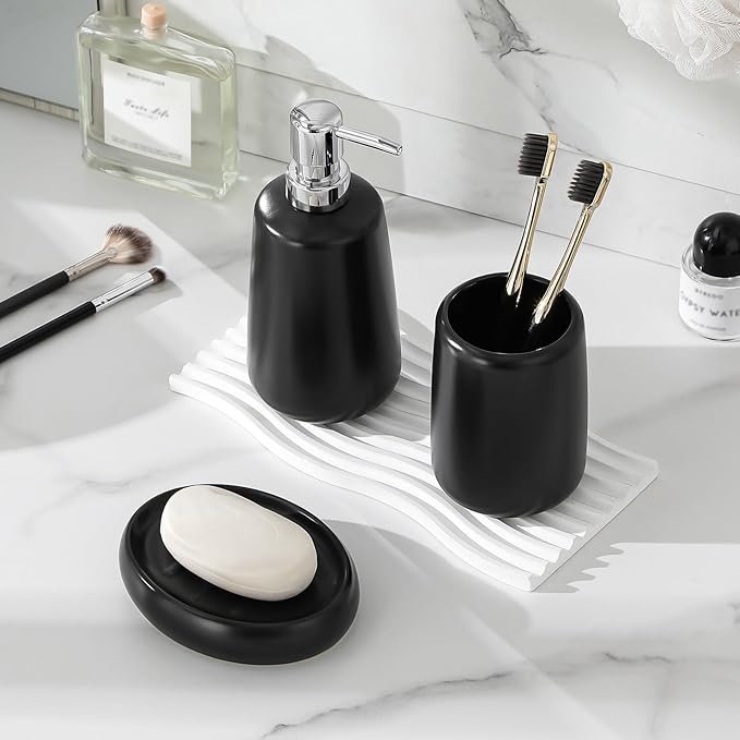 MALACASA Ceramic Bathroom Accessories Sets, 4 PCS,Soap Dispenser, Toothbrush Holder, Toothbrush Cup and Soap Dish, Durable Bathroom Sink Set for Modern Home Decor,Gift Set, Black